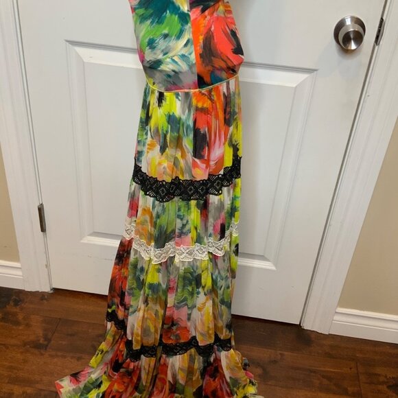 Fuzzi Floral Mesh Lace Striped Maxi Skirt, Size XL